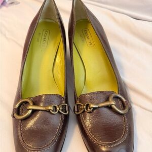 Coach Dark Brown Leather Loafers with Gold Accents